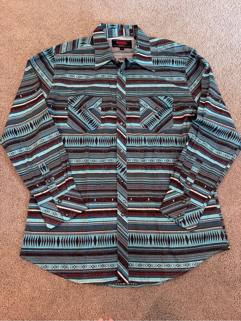 Rock & Roll Aztec Snap Button Shirt Teal Western Rodeo Long Festival Mens XL